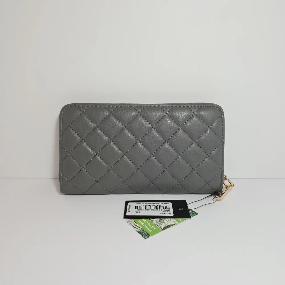 Badgley Mischka Grey Quilted Zip Around Wallet Vegan Leather Gold Logo Wristlet - Picture 3 of 9